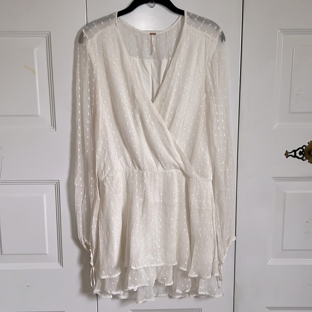 FREE PEOPLE Dahlia Swiss Dot V-Neck Long Sleeve Wrap Mini Dress